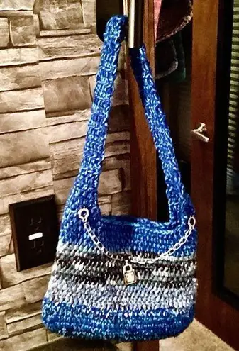 Crochet Shoulder Bag. Crossbody Knitted Woven Hobo Style w/ Blue & Tan Soft Yarn