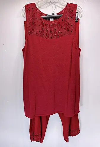 Vintage 80s Maggie McNaughton 2 piece Beaded Knit Tunic & Linen Cropped Pants Red Size 1X