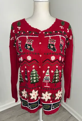 heirloom collectibles Christmas Cardigan Red Embroidered Trees Stockings M