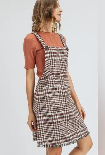Tea N Rose NWT Brown and White Overall Houndstooth Pinafore Dress Raw Hem