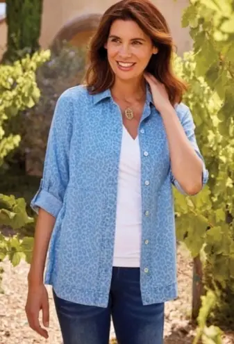 Soft Surroundings Thelma Button Down Denim Cheetah Print Shirt Jacket Sz Large