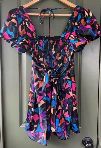 Show Me Your Mumu Floral Geometric Multicolored Puff Short Sleeve Dress Size XS