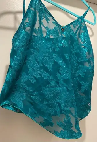 VTG 80s 90s Colesce Collection Lingerie Semi Sheer Green Floral Cropped Cami Top Blue Size L