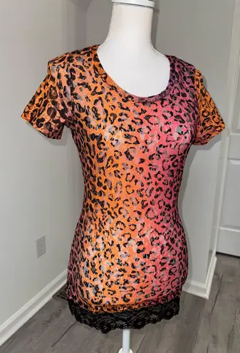 BKE Leopard Mesh Mini Dress Pink Orange Sheer Lace Hem Clubwear Size Small Y2K