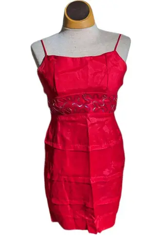 Vtg 1960s Red Chiffon Sequin Embellished Go Go Tiered Strappy Mini Dress Sz 2 4