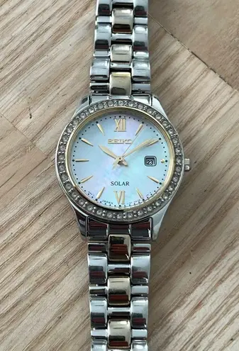 Seiko Solar Ladies Watch Swarovski Crystals Two-Tone Bracelet Pearl Dial Date