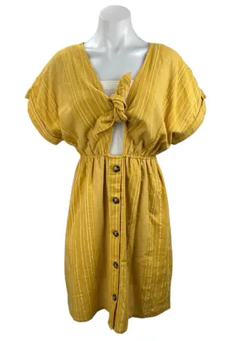 Blue Rair Yellow Striped Tie Fronbt Cutout Short Sleeve Midi Shirt Dress Size M Size M