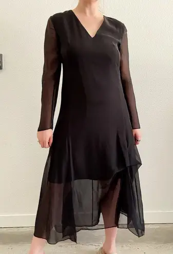 Akris 100% Mulberry Silk Sheer Long Sleeve Layered Midi Dress Black Size 10