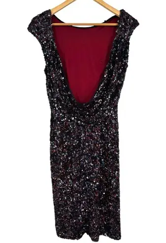 Theia Mixed Berry Sequin Shift Dress Open Cowl Back size 6 Cocktail Scoop Neck Blue
