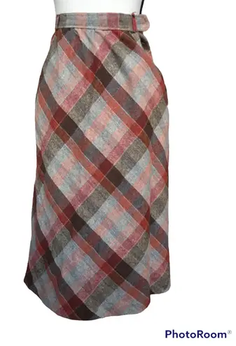 Vintage 70s Wool Diagonal Plaid Check Earth Tone Brown Red Tan A Line Midi Skirt Size XS