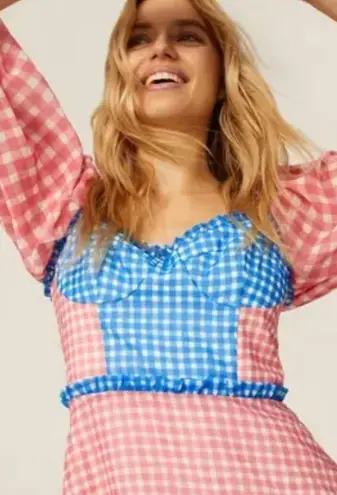 Slate + Willow Gingham Mini Dress Sweetheart Neckline Milkmaid Pink Blue size 10