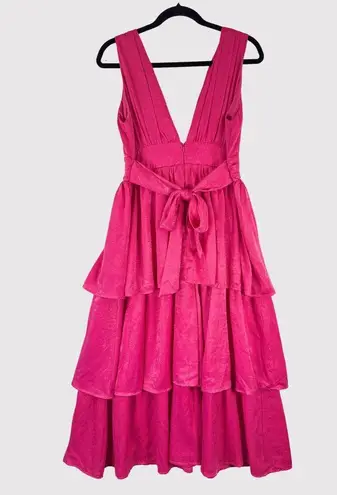 Lulus Dress Hot Pink Peak Party V Neck Layered Bow Tie Midi Barbiecore Large