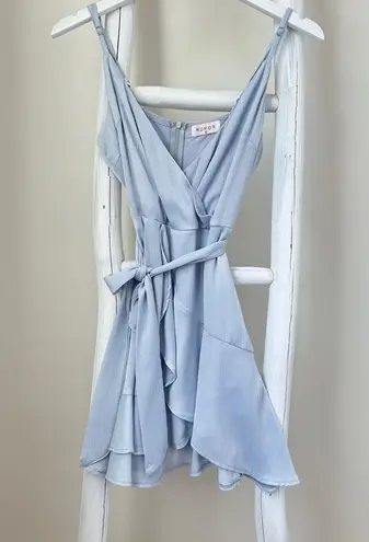 Rumor Light Blue Belted Flared Ruffle Bottom Mini Dress SZ Small