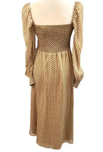 o.p.t Square Neck Smocked Patterned Maxi Dress Brown Gold Cream Size Medium