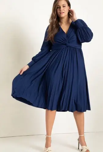 Eloquii Size 20 Knot Front Pleated Skirt Long Sleeve Midi Dress Blue Holiday