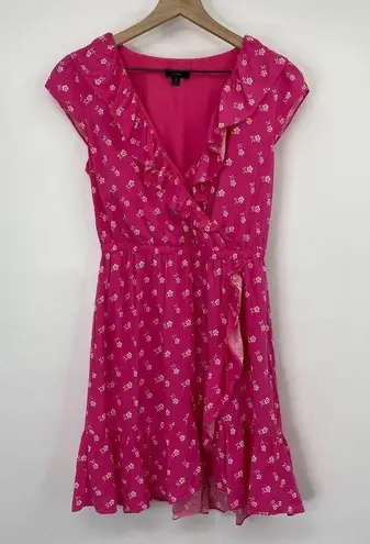 J.Crew  Ditsy Floral Mini Dress Faux Wrap V Neck Ruffle Pink White Womens 0