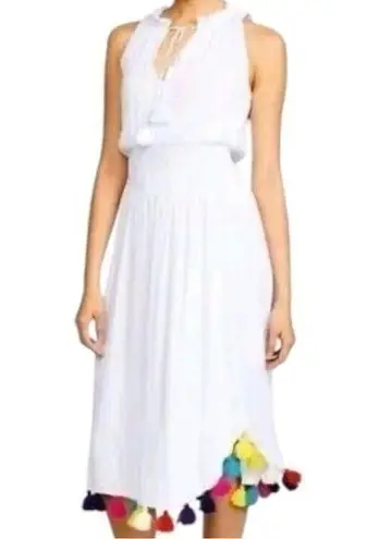 MISA Los Angeles Women’s S White Athena Rainbow Tassel Hem Split Neck Midi Dress