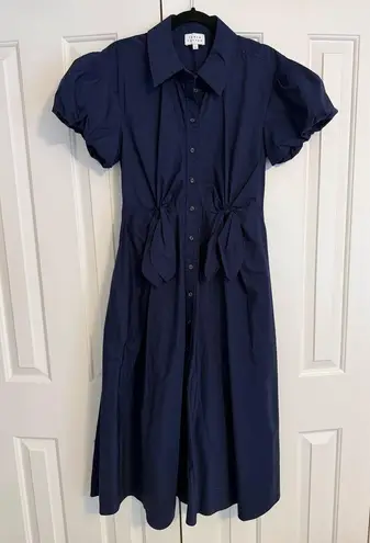 Tanya Taylor Elza Puff-Sleeve Cotton Poplin Shirtdress Navy Size 6
