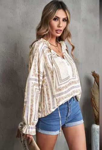 Beige V neck Lantern Sleeve Drawstring Tribal Print Blouse Blue