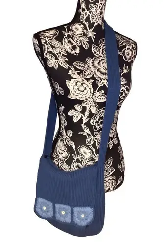 Vintage Knit Flower Crossbody Purse Boho Indie Hippie Floral Blue