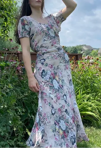 Vintage Pink Floral Toile Cottagecore Print Bias Cut Short Sleeve Maxi Dress M Size M