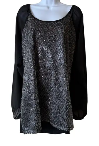 American Glamour Badgley Mischka Sequin Top Blouse Black Sheer Long Sleeves XL