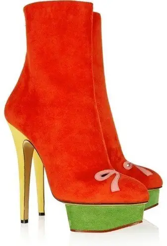 Charlotte Olympia Bella red yellow green suede colorblock mid-calf boots size 35