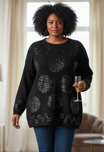 Fenn Wright Manson Vintage Black Sequin Polka Dot Knit Sweater Party Designer L