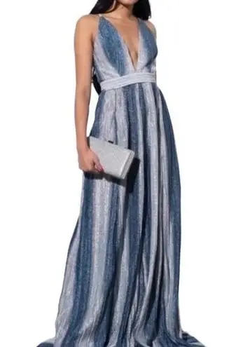 Luxxel  Plunging Halter V-Neck Striped Sparkly Maxi Dress in Silver/Blue