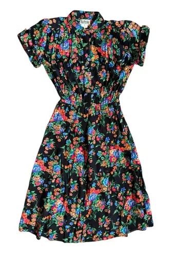 Vintage 80s Nina Piccalino Floral Button Down Shirt Dress Size 6 Black