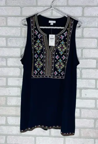 J. Jill NWT Navy Embroidered Tunic Sleeveless Top Size LP Blue