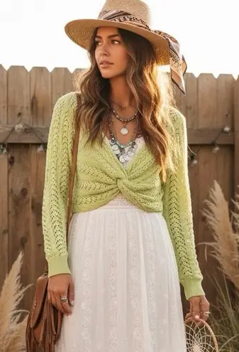 Forever 21  Twist Front Knit Sweater Womens S Green Cropped Boho Festival Retro - Image 1