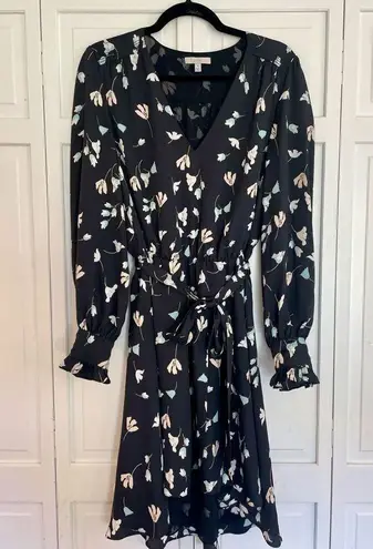 Joie  black floral long sleeve faux wrap ruffle smocked cuff dress