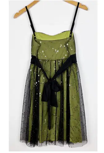 A Byer A. Byer Y2K Sequin Tulle Dress Size Medium Pleated Green Black Tie Back