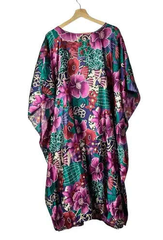 Vintage California Dynasty Purple & Teal Floral Satin Midi Kaftan L Size L