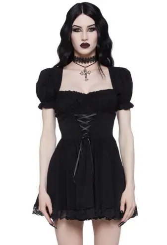 Dolls Kill  Widow Hazy Haunting Corset Puff Sleeve Milkmaid Mini Dress Black XXS