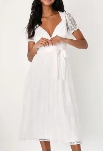Lulu’s White Romantic Prose Lace Puffed Sleeve Midi Dress S