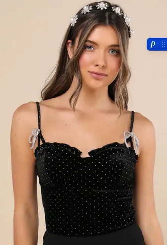 Lulus  Black Velvet Rhinestone Bow Bustier Top Corset Sparkle Party Size M