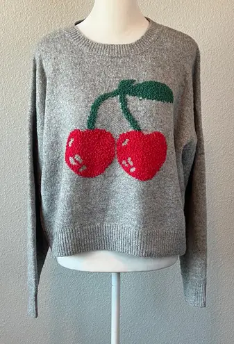 Anthropologie Luna Ivy Cherry Print Sweater Gray Size Smal