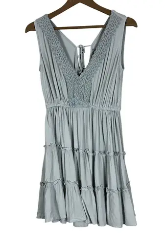Justify Mini Dress Womens S Pale Blue Tiered Crochet V-Neck Sleeveless Prairie