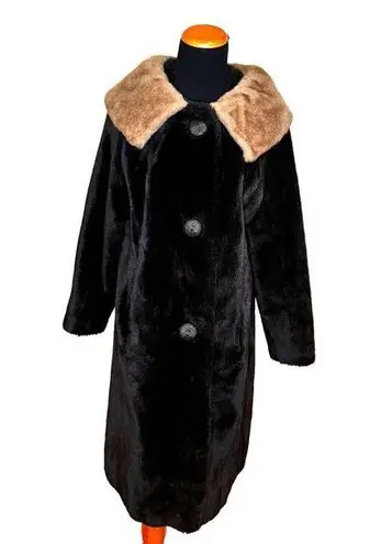 VTG 50s/60s Womens Coat Sz L Fur Black Brown Midi Large Collar Mad Men Retro