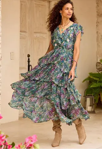Sundance Catalog Blue Floral Eden Embroidered Tiered Maxi Dress Size XS Purple