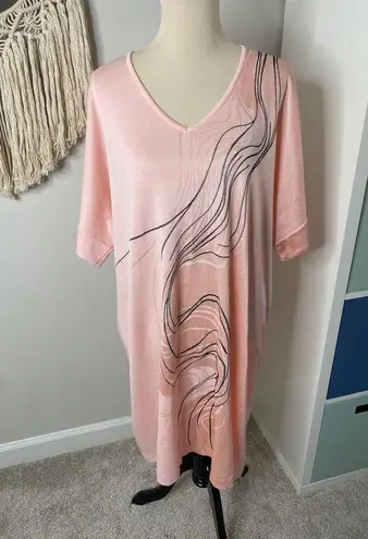 Ming Wang Pink Satin Color Black Abstract Knit Short-sleeved Mini Shift Dress 2X