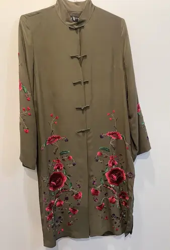 Sue Wong 100% Silk Olive Green Embroidered Flowers Kimono Duster Tunic Lined