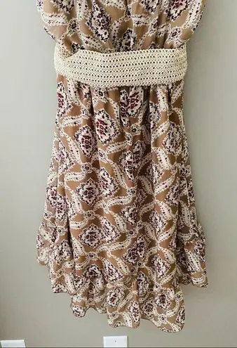 Vanity Floral Print Ruffle Dress Tan Sz Medium
