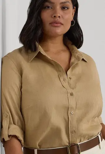 Lauren Ralph Lauren Linen Relaxed Fit Roll Tab Sleeve Shirt Birch Tan 2X Quiet L