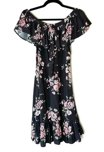 Jill Stuart Black & Pink Floral Off Shoulder Ruffled Knee Length Dress Size 2