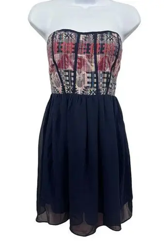 YA Los Angeles Strapless Aztec Print Tapestry Top Silk Blend Lined Bottom Dress L