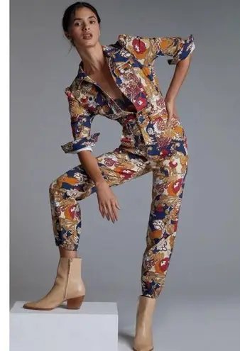 MOTHER The Puffy Wrapper Floral Denim Jumpsuit Flowers in Her Hair L Tan Size L
