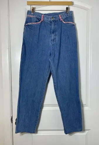Y2K Gitano Jeans Size 12 High Rise Pink Plaid Trim Baggy Tapered Waist Boho 90s Blue